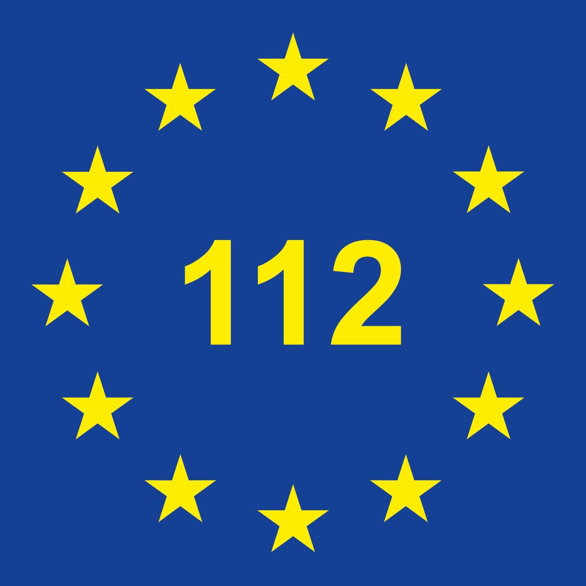 Cuadrado rojo con la palabra SOS y el número blanco 112, símbolo europeo de emergencias.