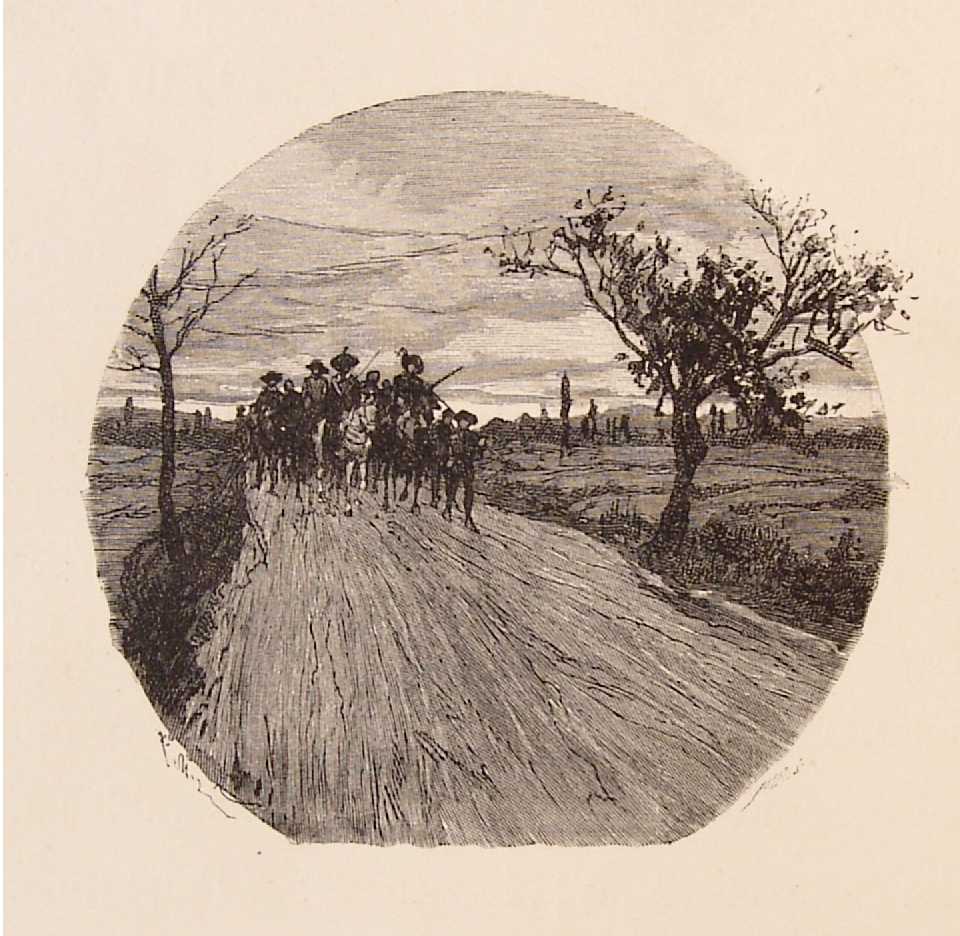 Ilustración antigua del capítulo 68 del Quijote, con Don Quijote y Sancho en la escena de la piara.