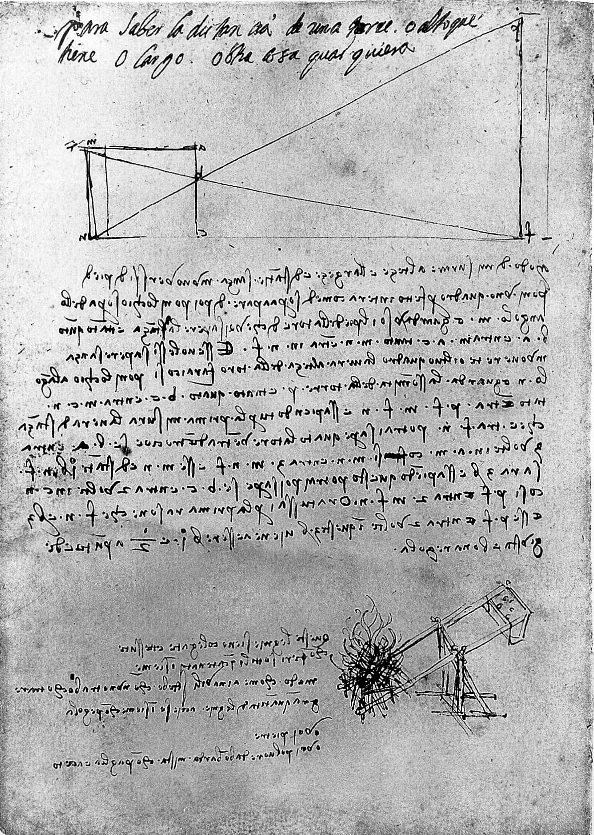 Página manuscrita de Leonardo da Vinci con escritura especular y varios dibujos técnicos.