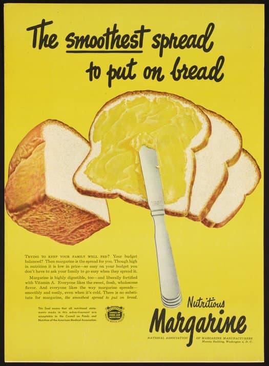 Anuncio de 1948 con varias rebanadas de pan, una cubierta de margarina amarilla, sobre un fondo amarillo intenso.