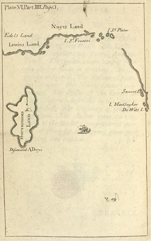 Mapa histórico vertical de Houyhnhnmland con costas, cabos, islas, rumbos y referencias geográficas.