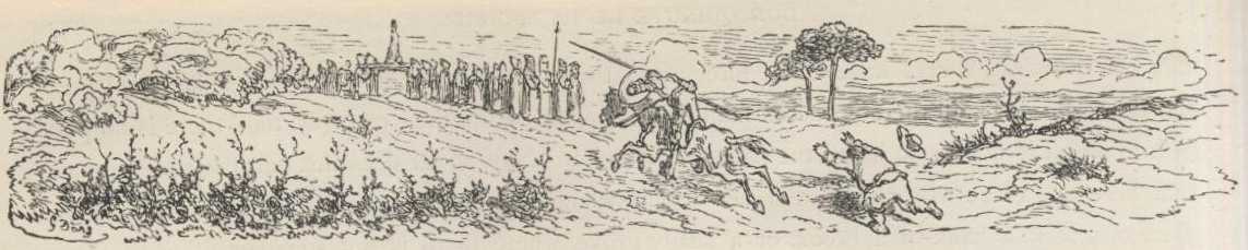 Don Quijote avanza con Rocinante hacia una procesión mientras Sancho y sus acompañantes intentan detenerlo.