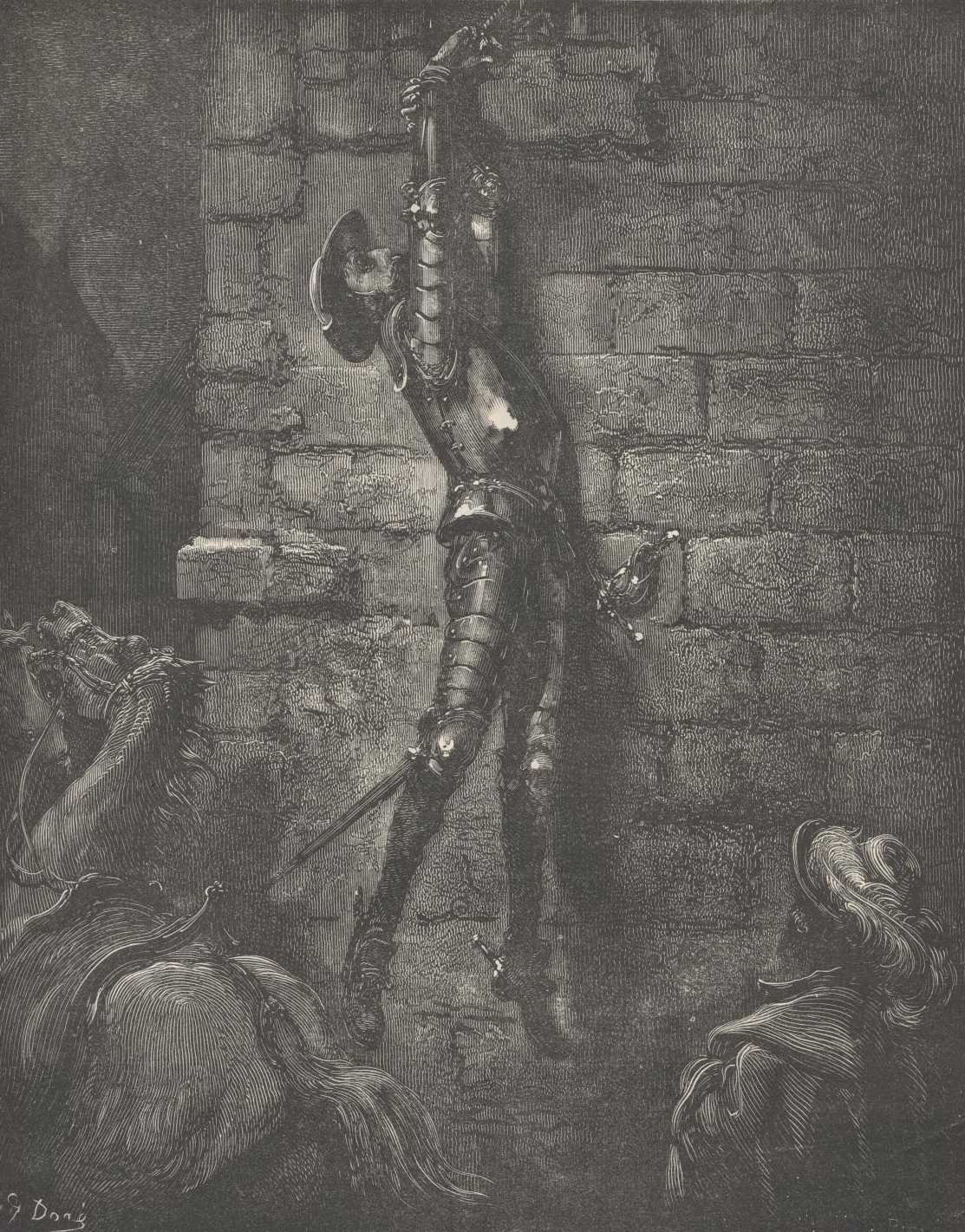 Don Quijote permanece sobre Rocinante con la muñeca atada a la abertura del pajar mientras dos mujeres observan la burla.