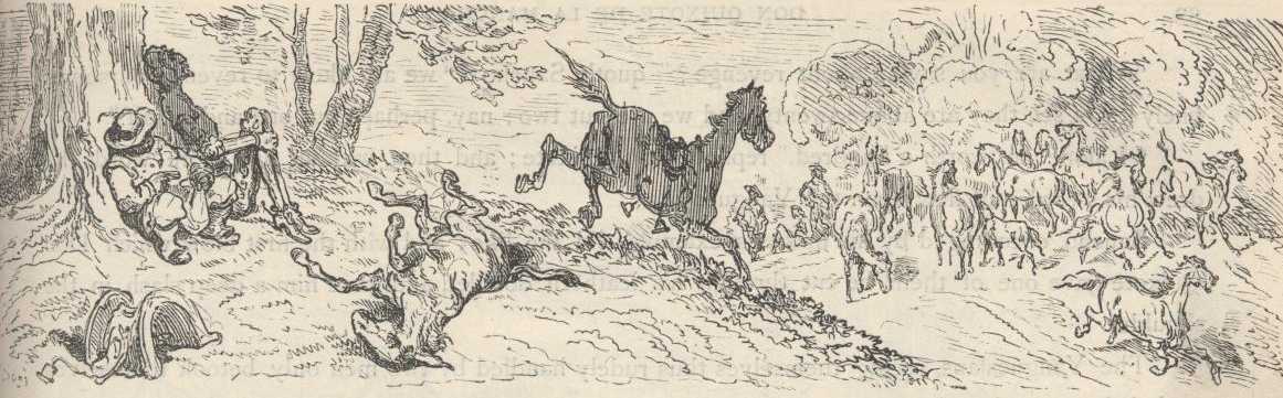 Rocinante se acerca a una manada de yeguas mientras los animales y sus cuidadores reaccionan.