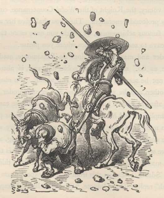Los galeotes liberados arrojan piedras contra Don Quijote y Sancho después de rechazar sus órdenes.