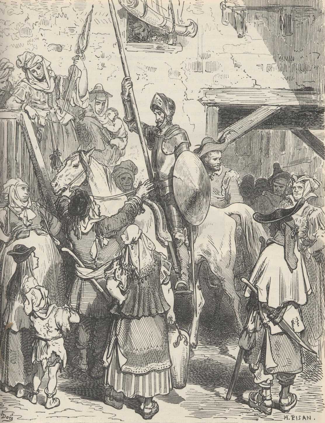 Don Quijote sale montado de la venta mientras el ventero y otros huéspedes observan desde la puerta.