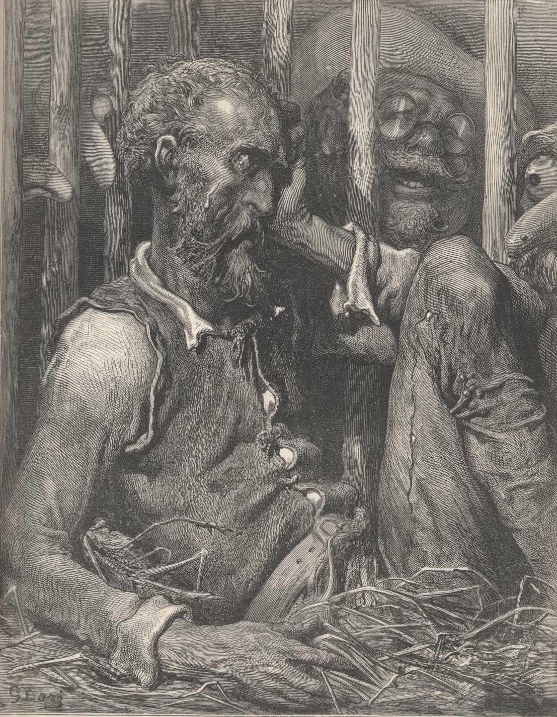 Don Quijote permanece dentro de la jaula mientras varias figuras disfrazadas se acercan a los barrotes y Sancho observa la escena.