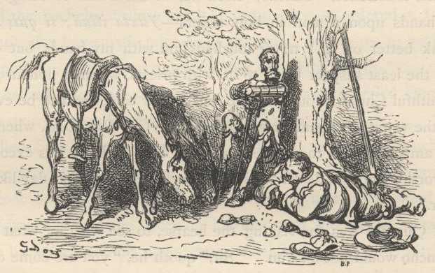 Don Quijote y Sancho comen sentados en el campo después del encuentro nocturno con la comitiva fúnebre.
