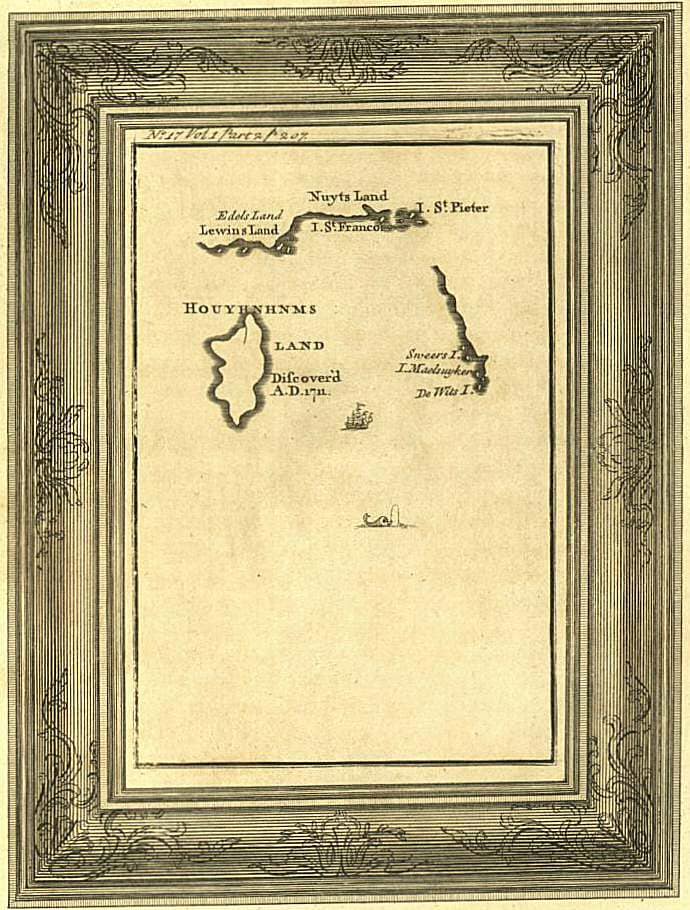 Ilustración histórica del capítulo I de la parte IV de Los viajes de Gulliver, con Gulliver, Yahoos y Houyhnhnms.