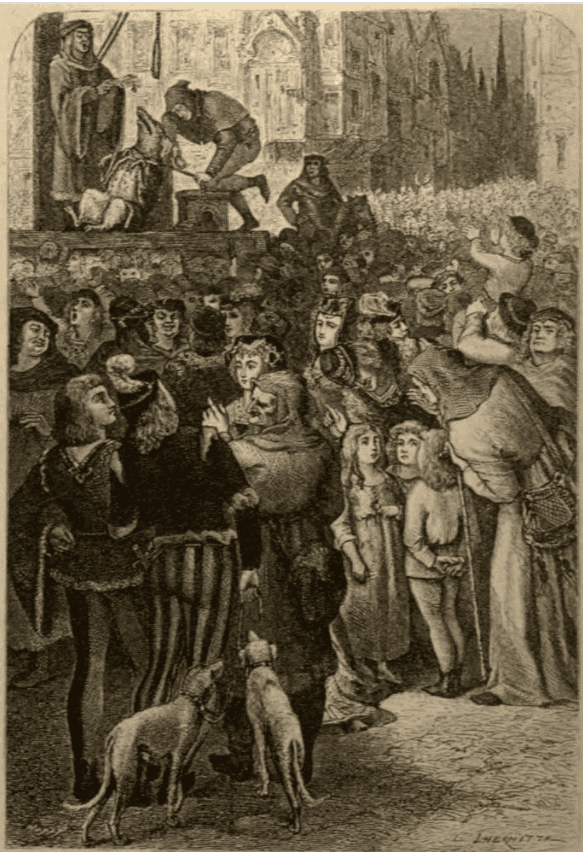 Grabado en blanco y negro de una ejecución pública de una cerda ante una multitud, reproducido en un libro de 1906.