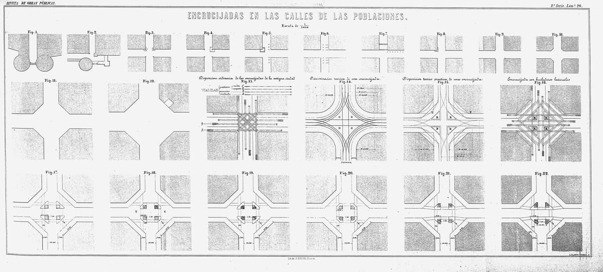 Plano histórico del Eixample con dos calles cruzadas y cuatro esquinas recortadas en diagonal alrededor de la intersección.