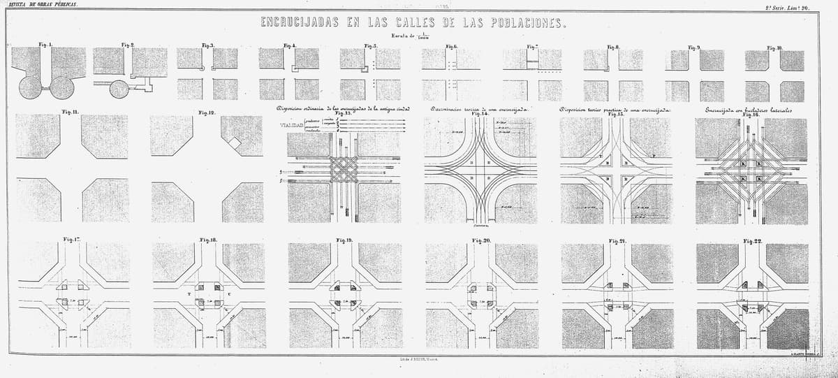 Plano histórico del Eixample con dos calles cruzadas y cuatro esquinas recortadas en diagonal alrededor de la intersección.