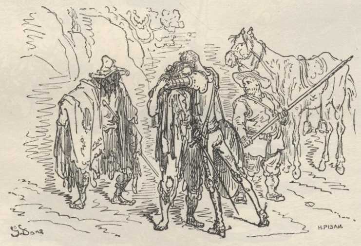 Don Quijote recibe con un abrazo a Cardenio, exhausto y vestido con harapos, en Sierra Morena.