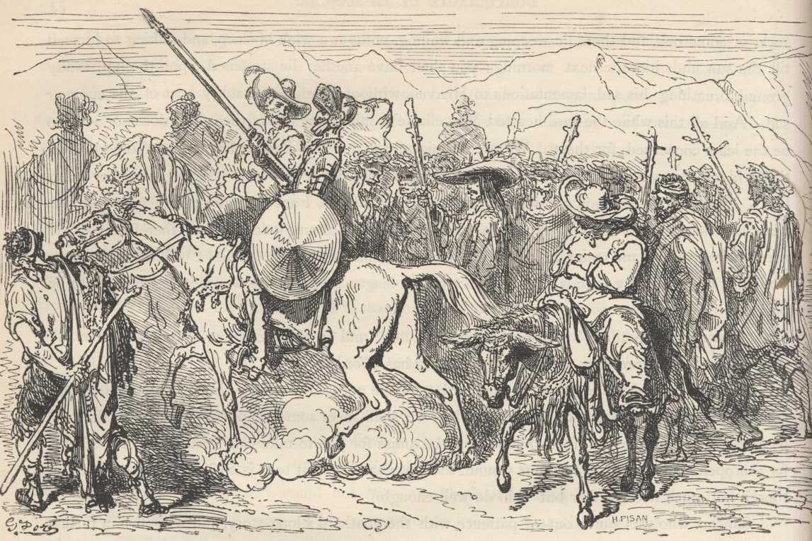 Don Quijote cabalga junto a varios pastores y viajeros mientras se dirigen al funeral de Grisóstomo.