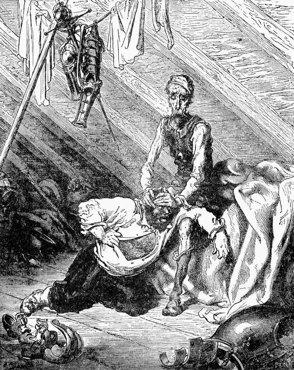 Don Quijote sostiene a Sancho inclinado hacia el suelo mientras el escudero vomita tras beber el bálsamo.