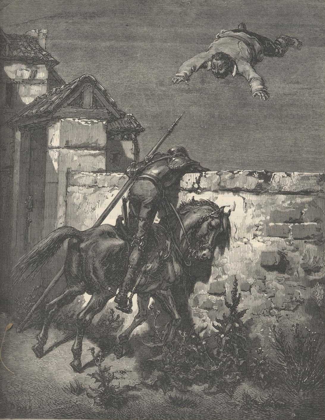 Sancho es lanzado al aire sobre una manta dentro del patio mientras Don Quijote amenaza desde el exterior.