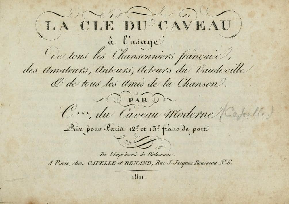 Portada impresa de La Clé du Caveau de 1811, con título y datos editoriales en francés.