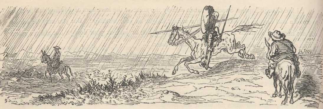 Don Quijote señala a un barbero que avanza sobre un asno con una bacía brillante sobre la cabeza mientras Sancho mira.