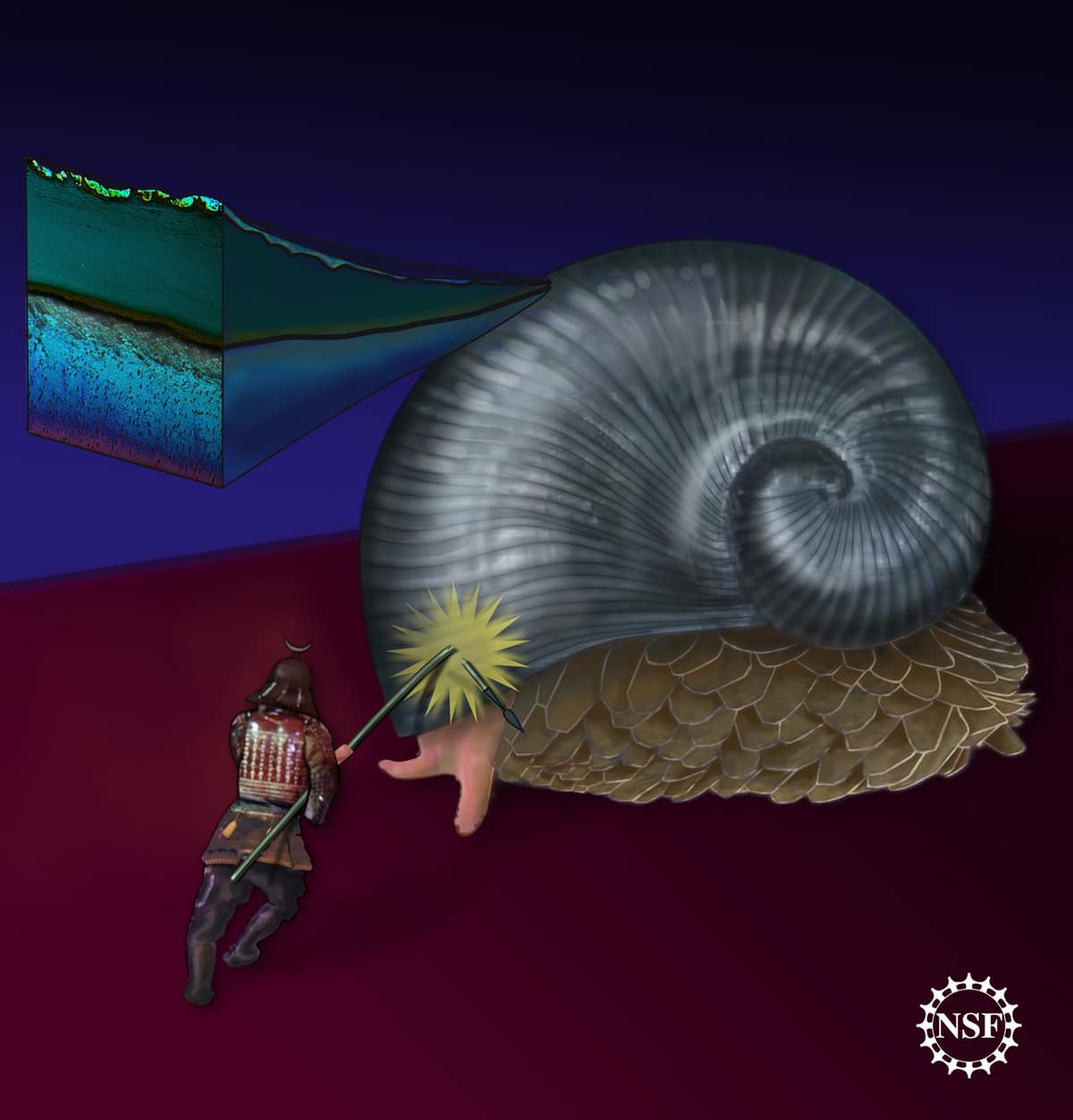 Ilustración científica de un caracol de pie escamoso oscuro con placas alrededor del pie y un detalle de su estructura protectora.