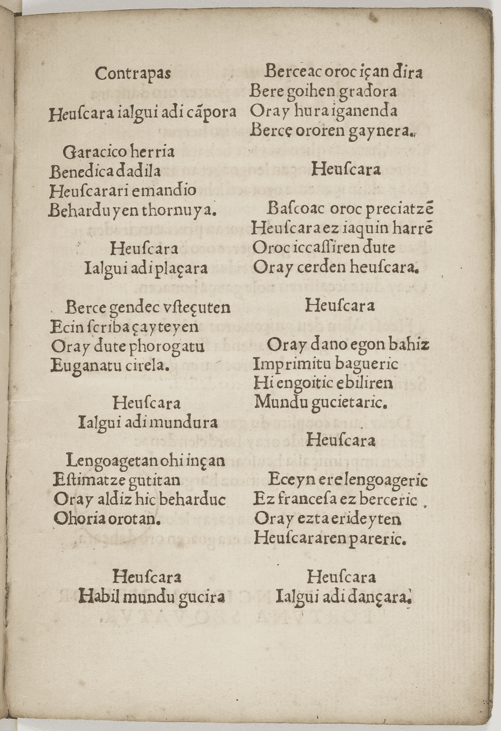 Página antigua del poema Kontrapas en Linguae Vasconum Primitiae, con texto impreso en euskera.