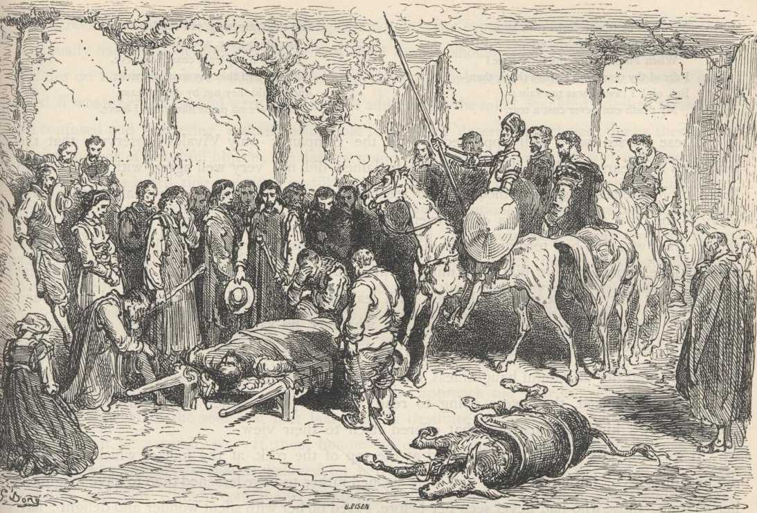 Un hombre lee los versos de Grisóstomo ante los pastores reunidos alrededor de su sepultura.