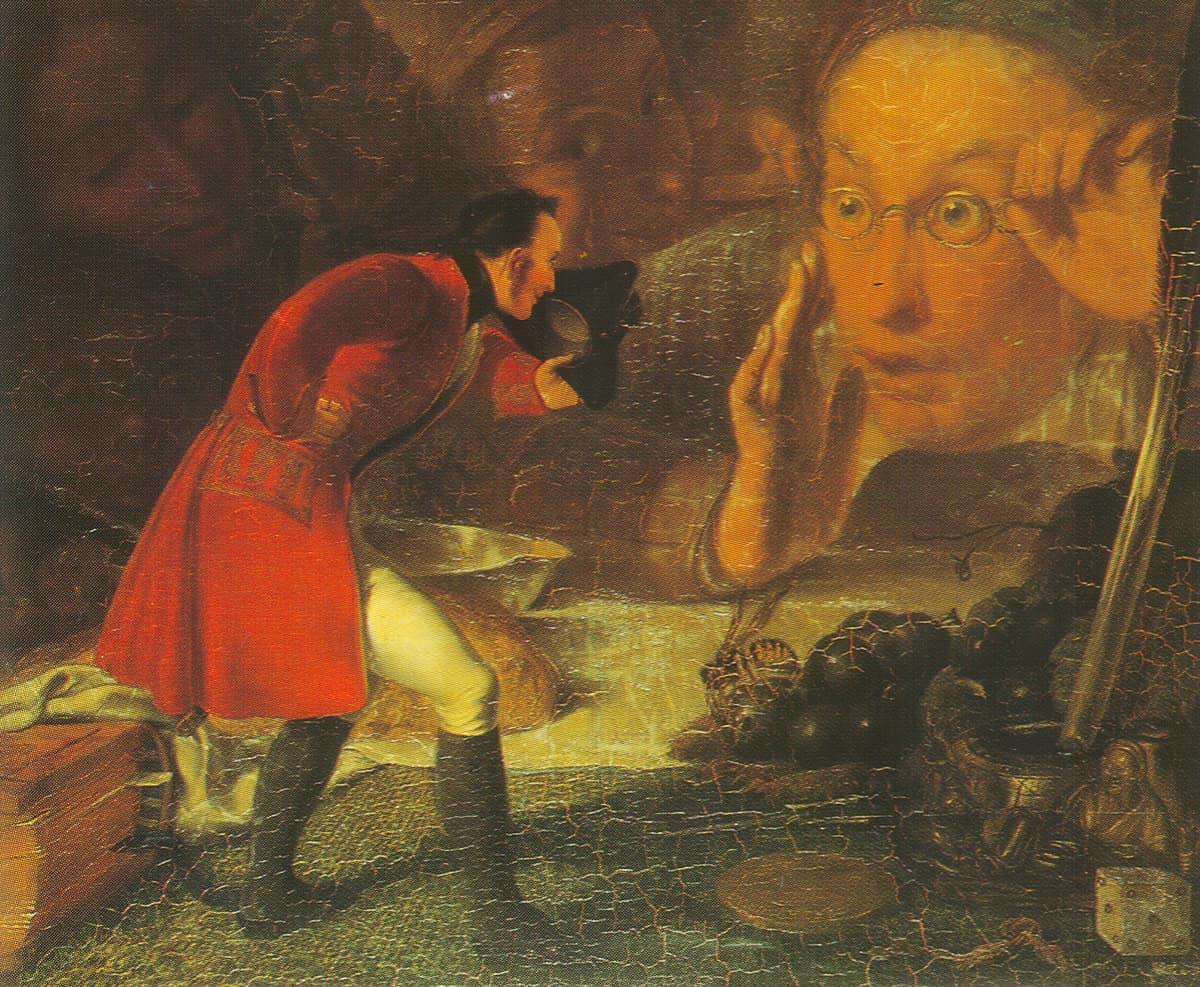 Gulliver aparece diminuto durante una exhibición ante figuras gigantes de Brobdingnag, en una pintura de Richard Redgrave.