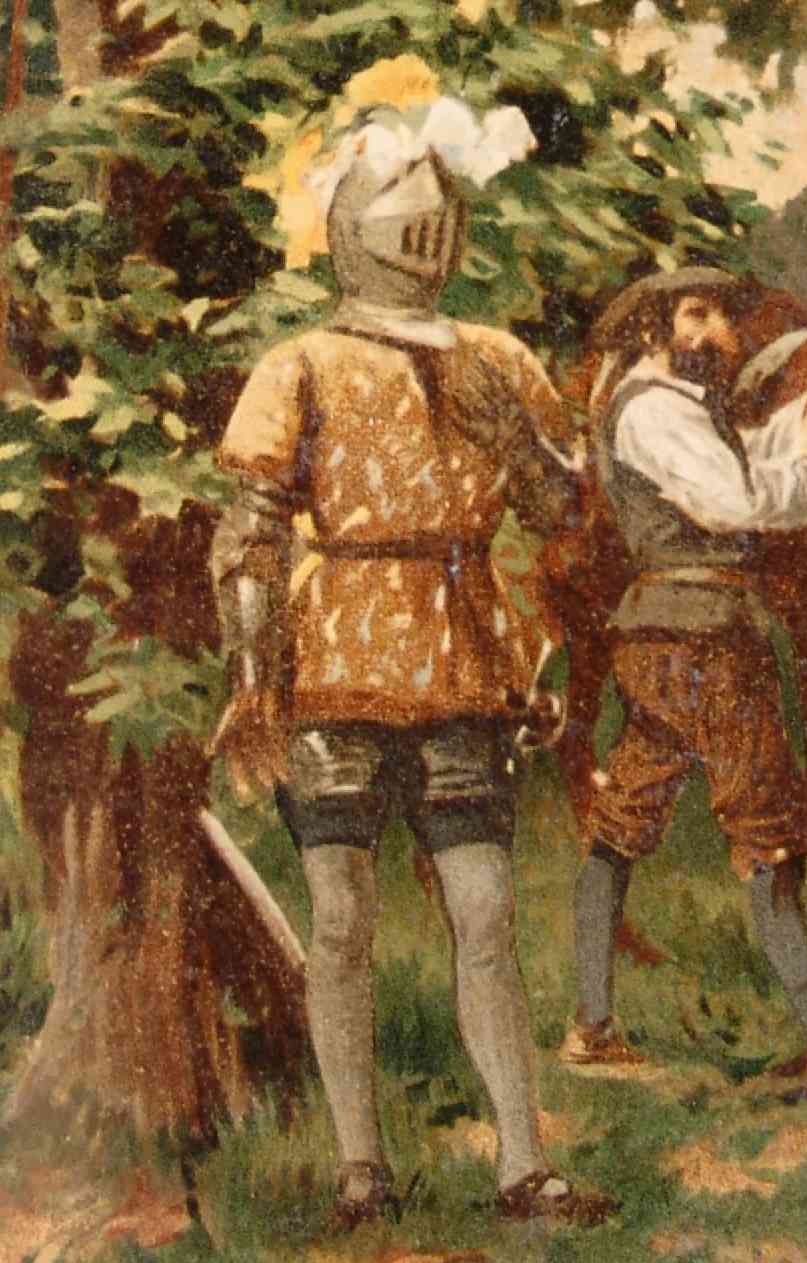 Retrato ilustrado de Sansón Carrasco caracterizado como Caballero del Bosque o de los Espejos.