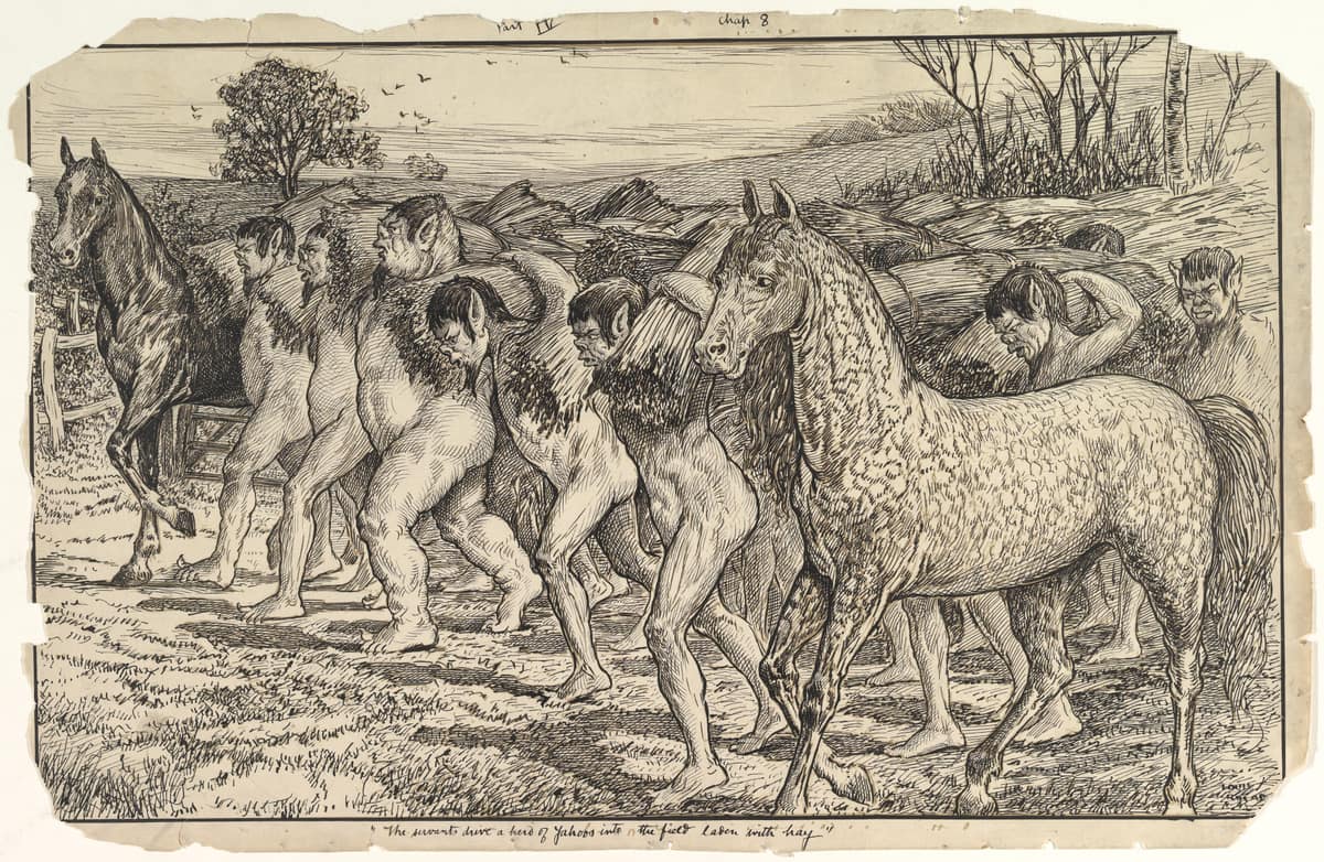 Sirvientes Houyhnhnms conduciendo una manada de Yahoos por el campo.