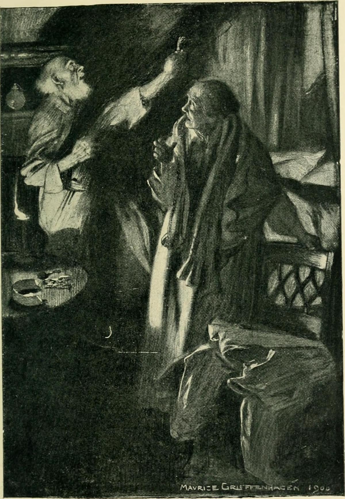 Ilustración en blanco y negro de la señora White intentando abrir la puerta mientras su marido la detiene.