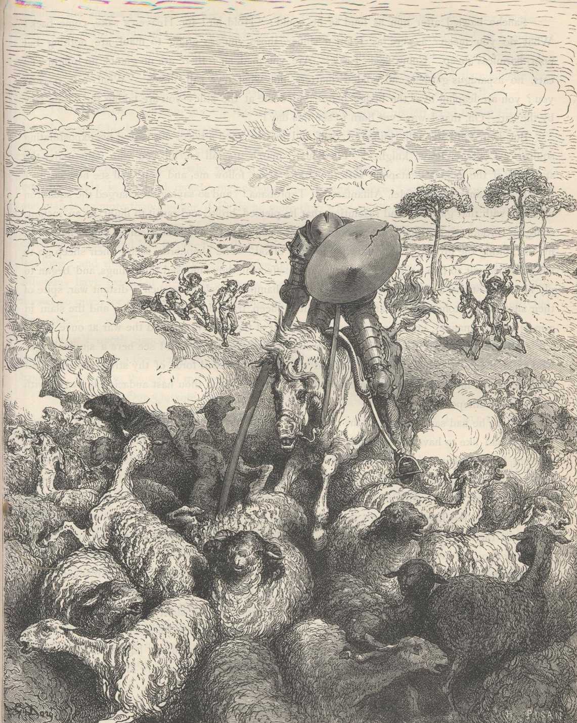 Don Quijote carga con la lanza contra un rebaño de ovejas mientras Sancho intenta advertirle desde atrás.