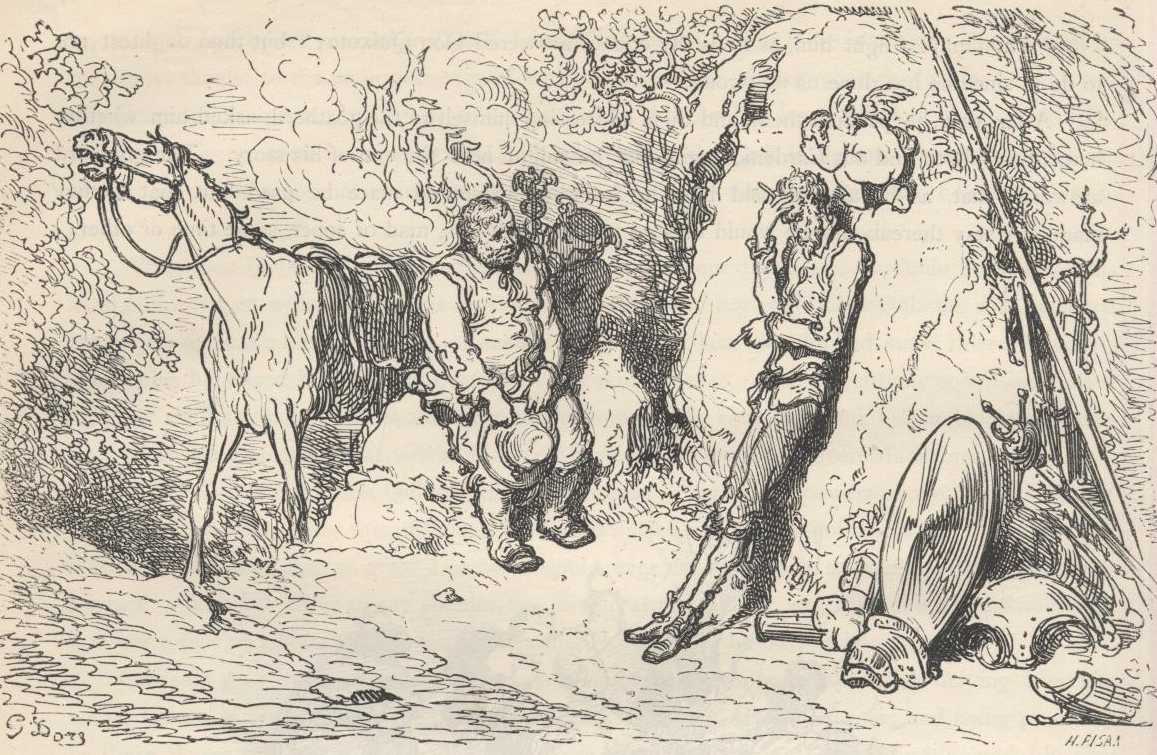 Don Quijote imagina a Dulcinea en una visión mientras Sancho aparece asociado a varios asnos.