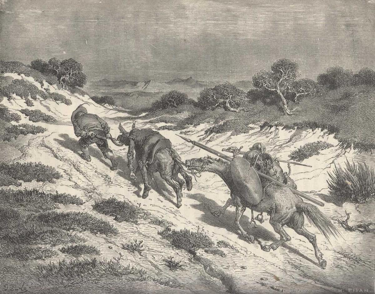 Don Quijote, muy golpeado, viaja sobre el asno mientras Sancho conduce a pie al animal y lleva a Rocinante detrás.