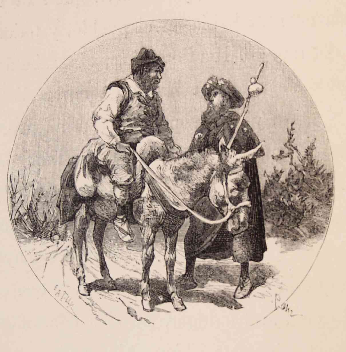 Ilustración antigua de Sancho, montado en su asno, conversando con Ricote vestido de peregrino.