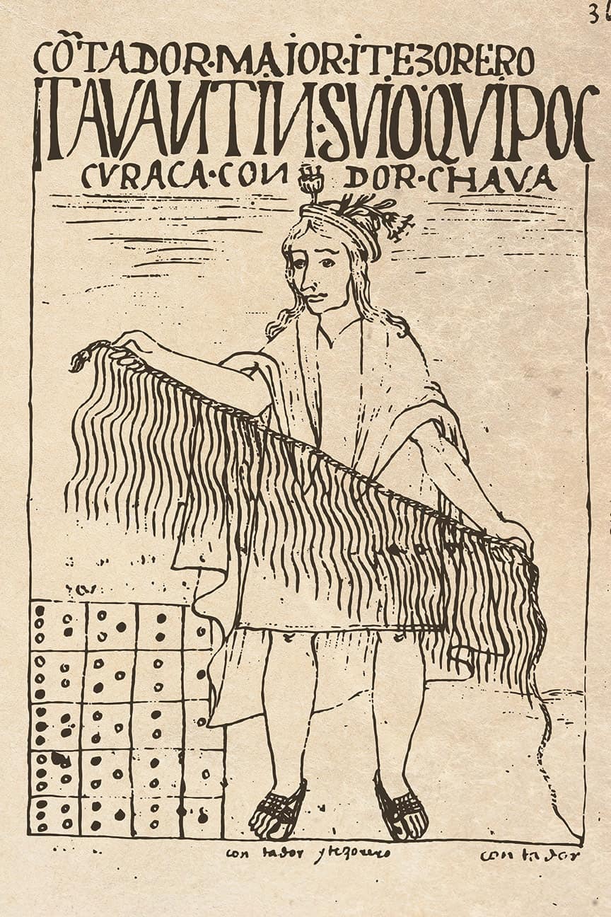 Dibujo colonial peruano de un funcionario andino que sostiene un gran khipu de cuerdas anudadas; a sus pies aparece una cuadrícula de cálculo.