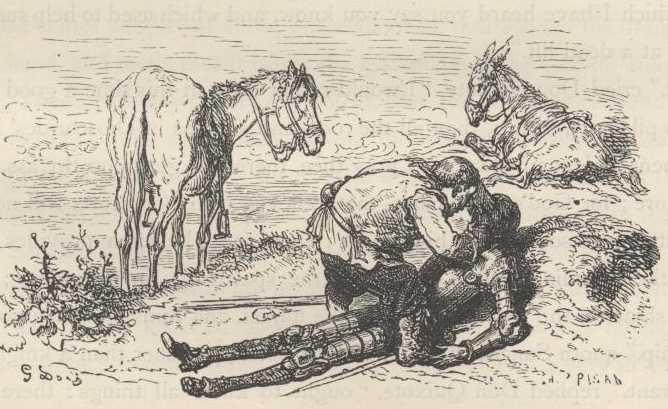 Sancho abre la boca de Don Quijote para comprobar los dientes perdidos después de la pedrada de los pastores.