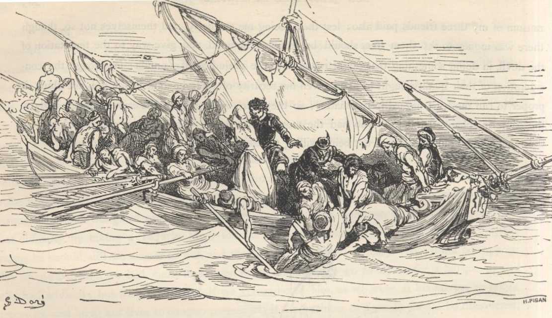 Los fugitivos sujetan por la ropa al padre de Zoraida y lo sacan del mar mientras ella pide que lo salven.