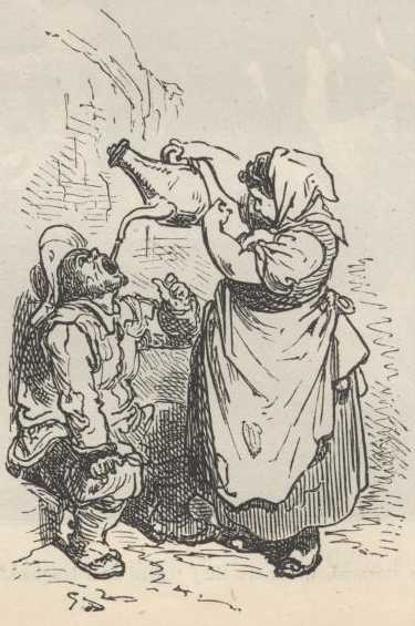Sancho bebe de un recipiente mientras Maritornes permanece cerca de él en el patio de la venta.
