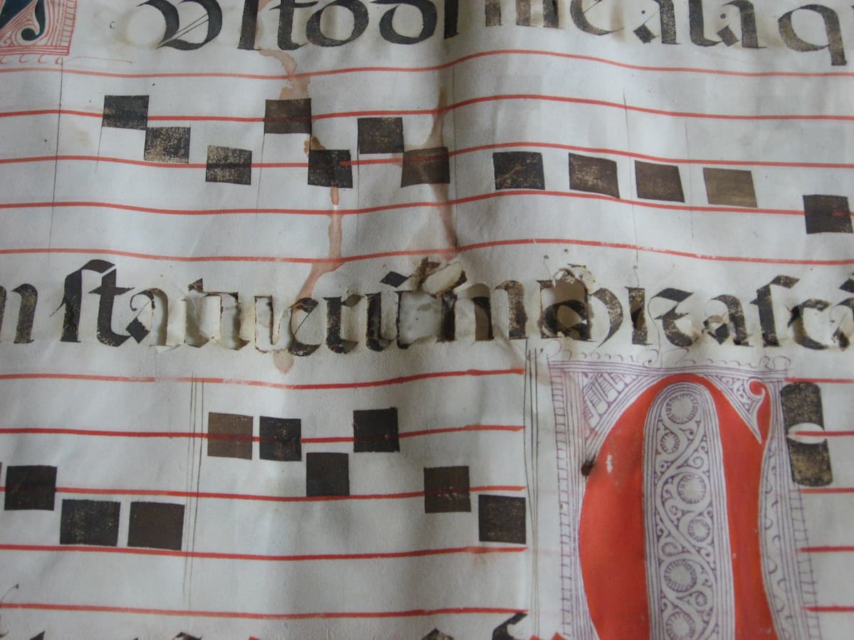 Página de manuscrito con líneas de escritura oscura y agujeros irregulares donde la tinta ferrogálica ha corroído el papel.