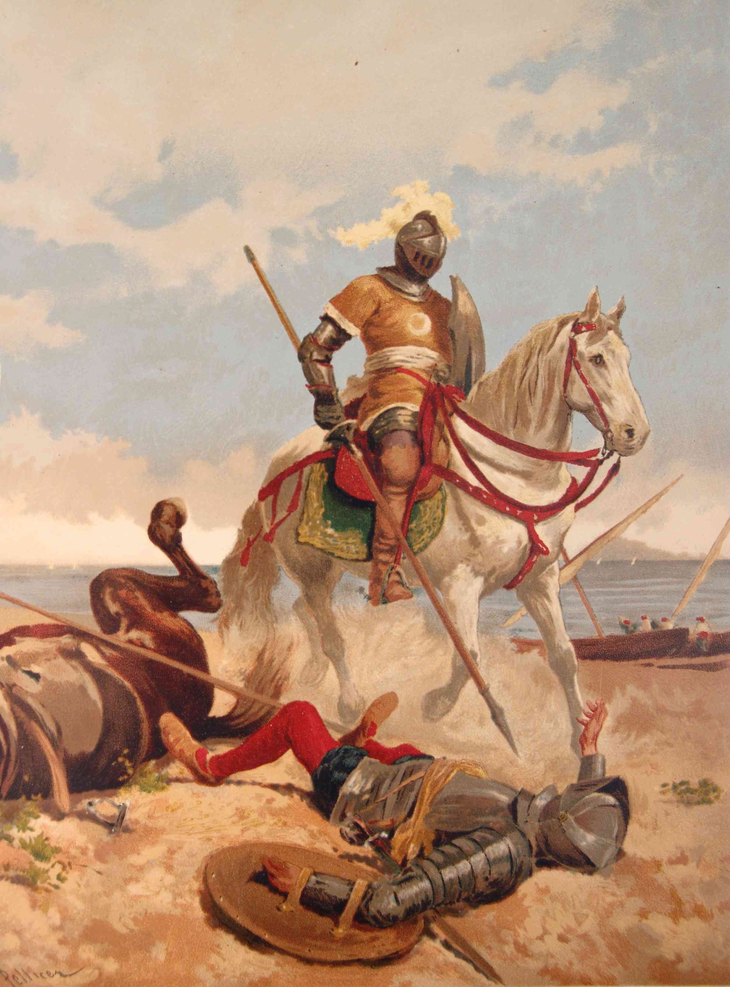 Ilustración antigua del capítulo 64 del Quijote, vinculada a la derrota ante el Caballero de la Blanca Luna.