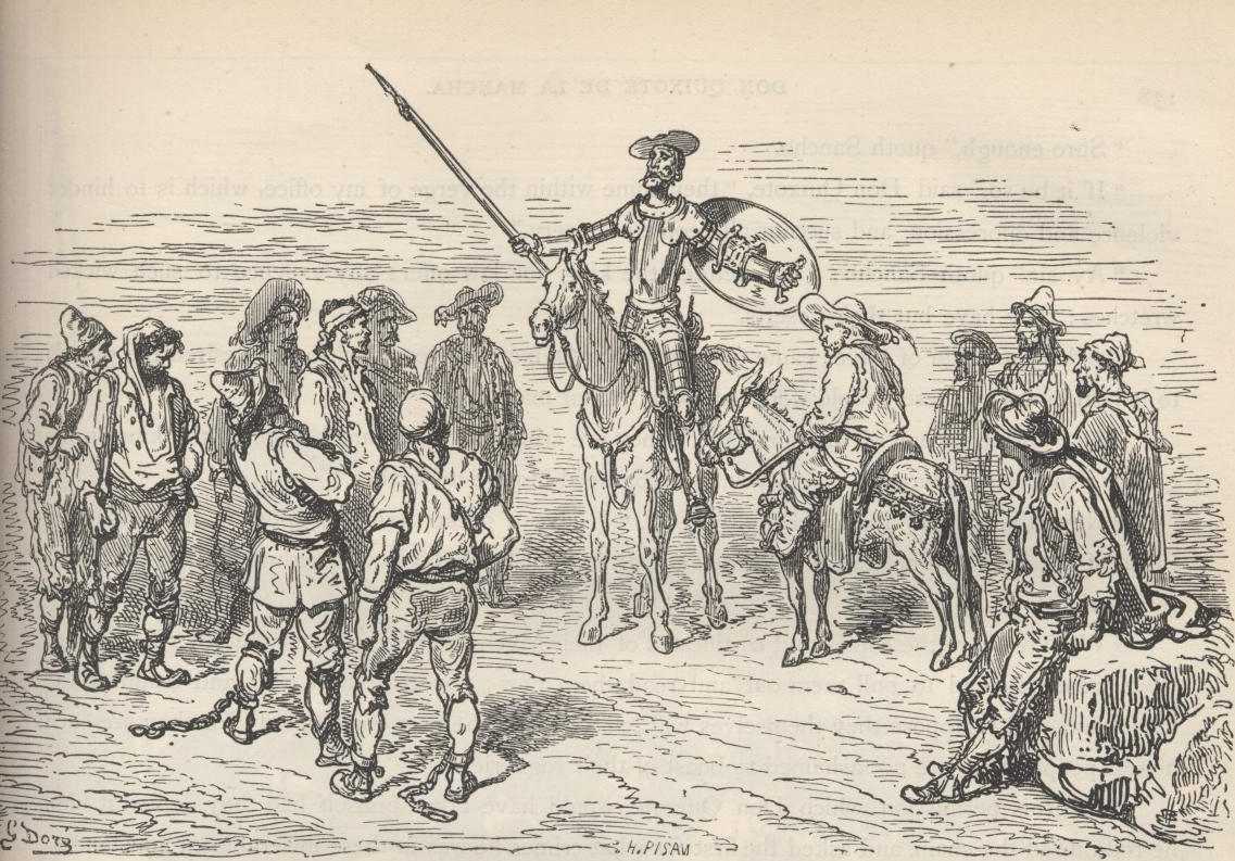 Don Quijote rompe la custodia de los galeotes mientras Ginés de Pasamonte y los demás condenados recuperan la libertad.