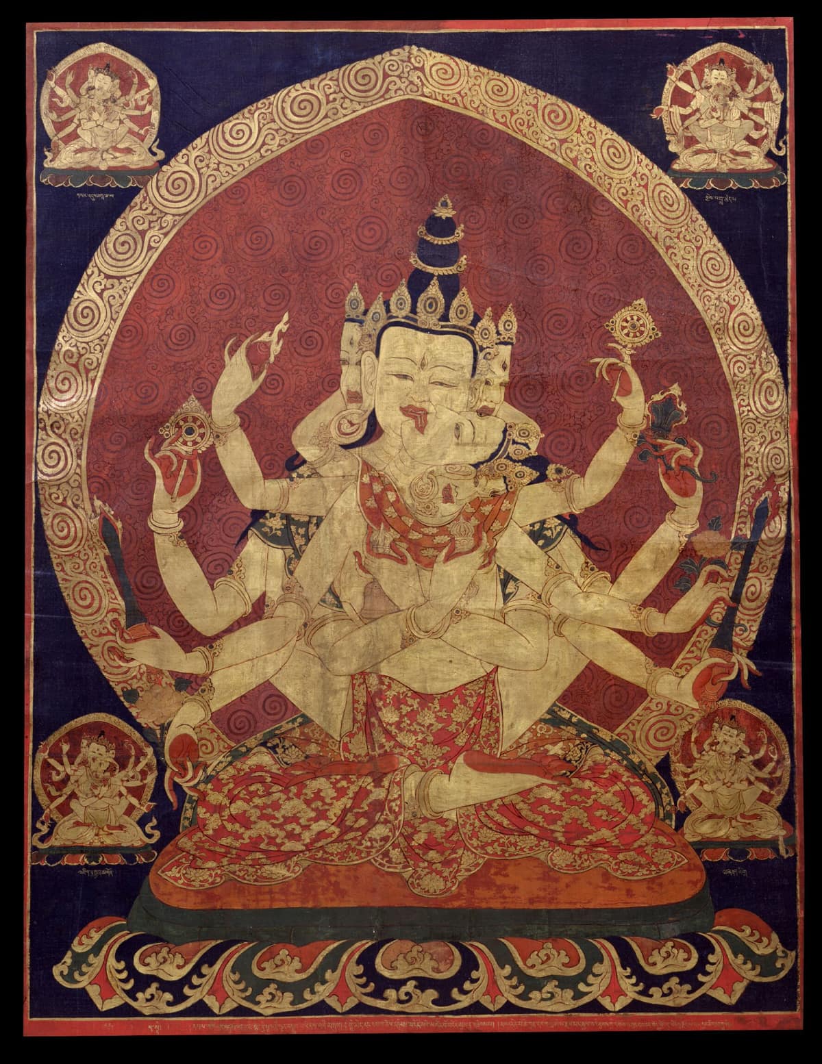 Thangka tibetano del siglo XVII con una composición iconográfica organizada alrededor de Guhyasamaja Akshobhyavajra.