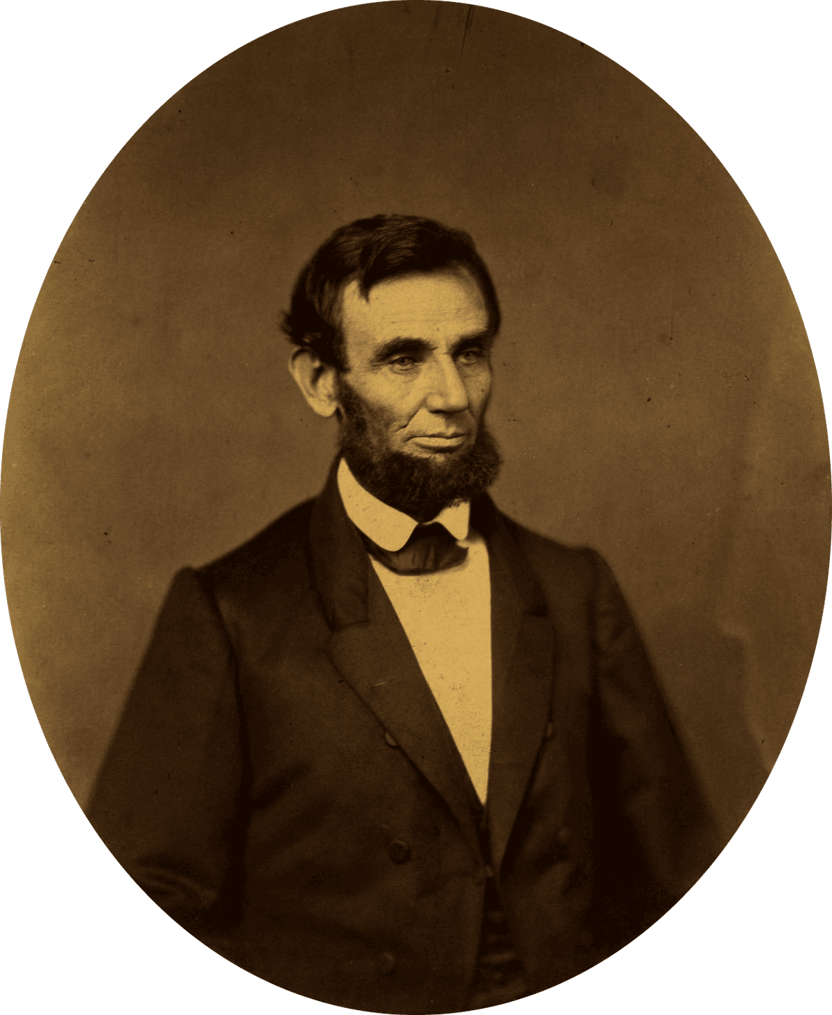 Retrato ovalado en sepia de Abraham Lincoln con traje oscuro y pajarita, realizado al comienzo de su presidencia.