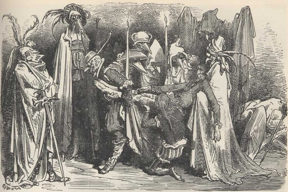 Don Quijote despierta con manos y pies atados mientras varias figuras disfrazadas se inclinan sobre él.