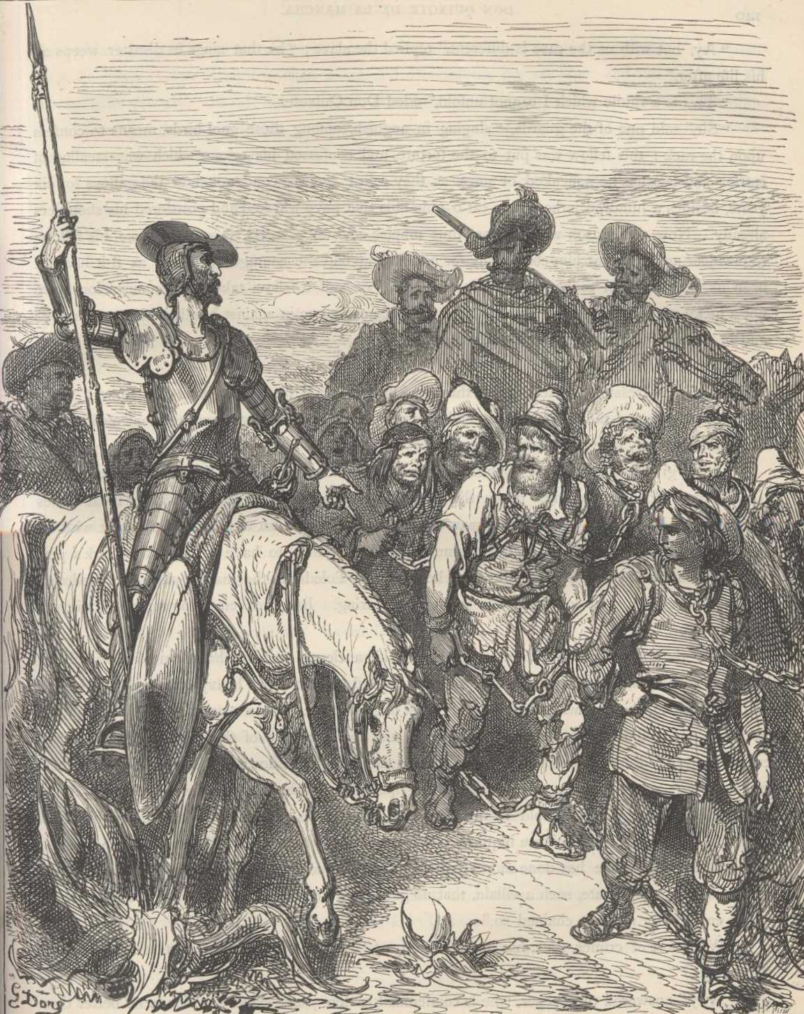 Don Quijote y Sancho se encuentran en el camino con varios hombres encadenados y sus guardias.