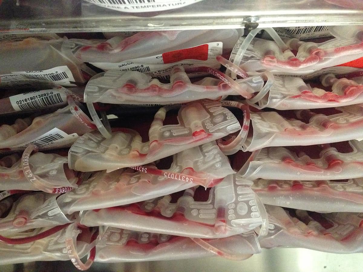 Bolsas de sangre identificadas y ordenadas dentro de un equipo de almacenamiento refrigerado hospitalario.