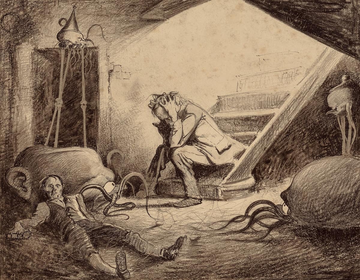 Ilustración en blanco y negro de la muerte del cura durante la invasión marciana en La guerra de los mundos.