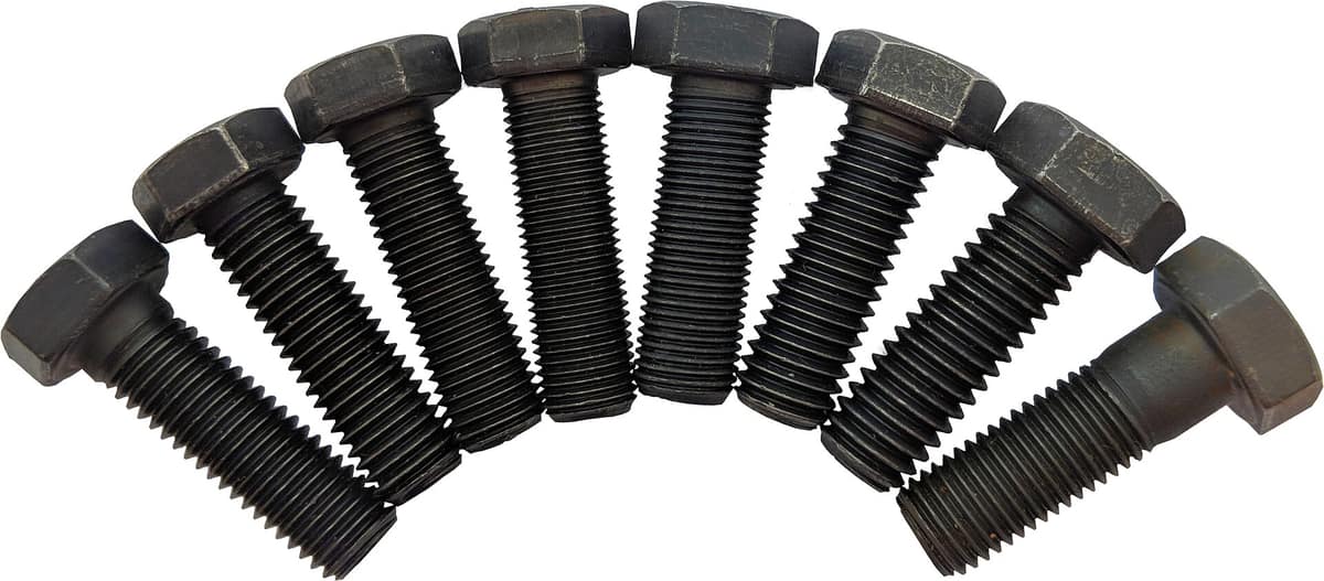 Imagen de Different Thread Types Update.jpg. Screws with different thread types. From left to right Metric M12, 40 mm long left turning thread Metric M12, 40 mm long (ISO 4017, Strength 8.8)) Metric Fine M12x1.5, 40mm long Metric Fine M12x1.25, 40mm long (ISO 8676, Strength 8.8) United thr