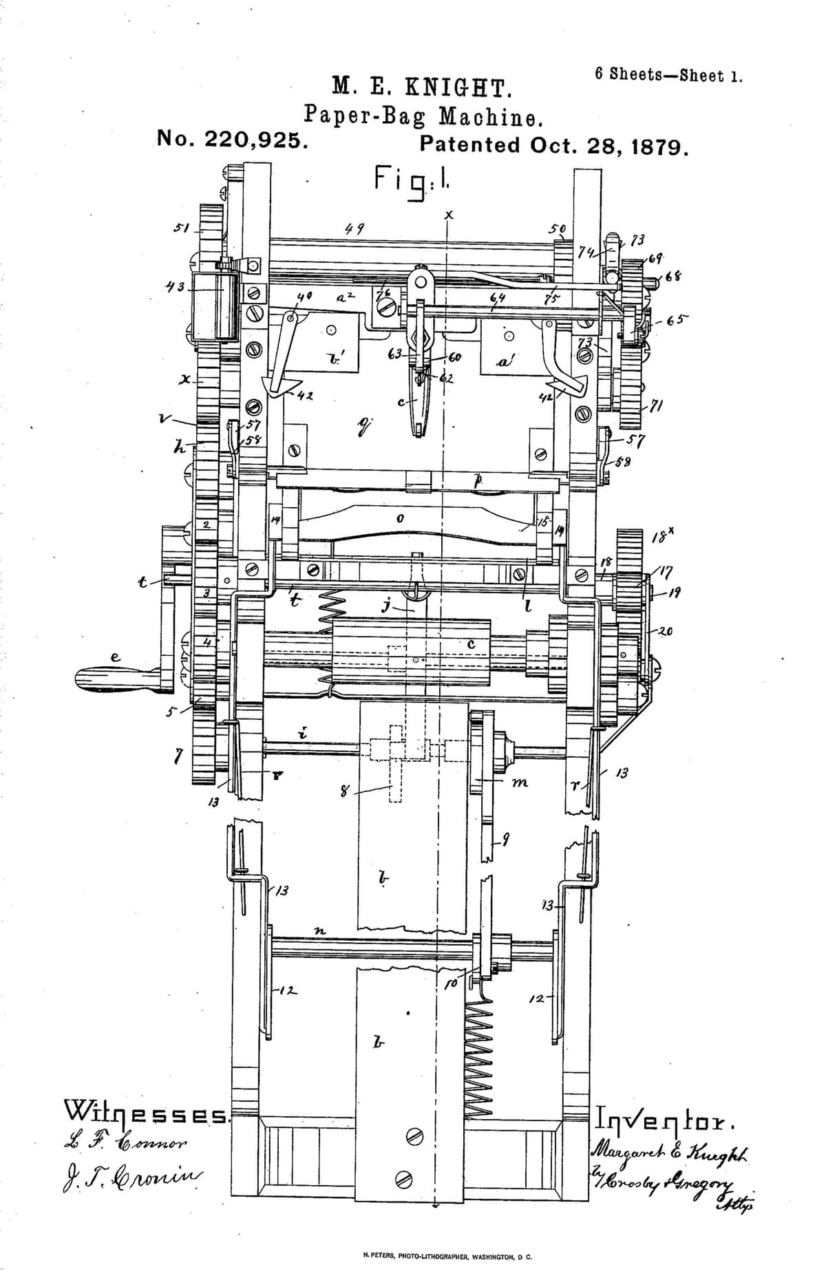 Dibujo técnico de la patente de Margaret Knight para una máquina de fabricar bolsas de papel, con rodillos, engranajes y mecanismos de plegado.