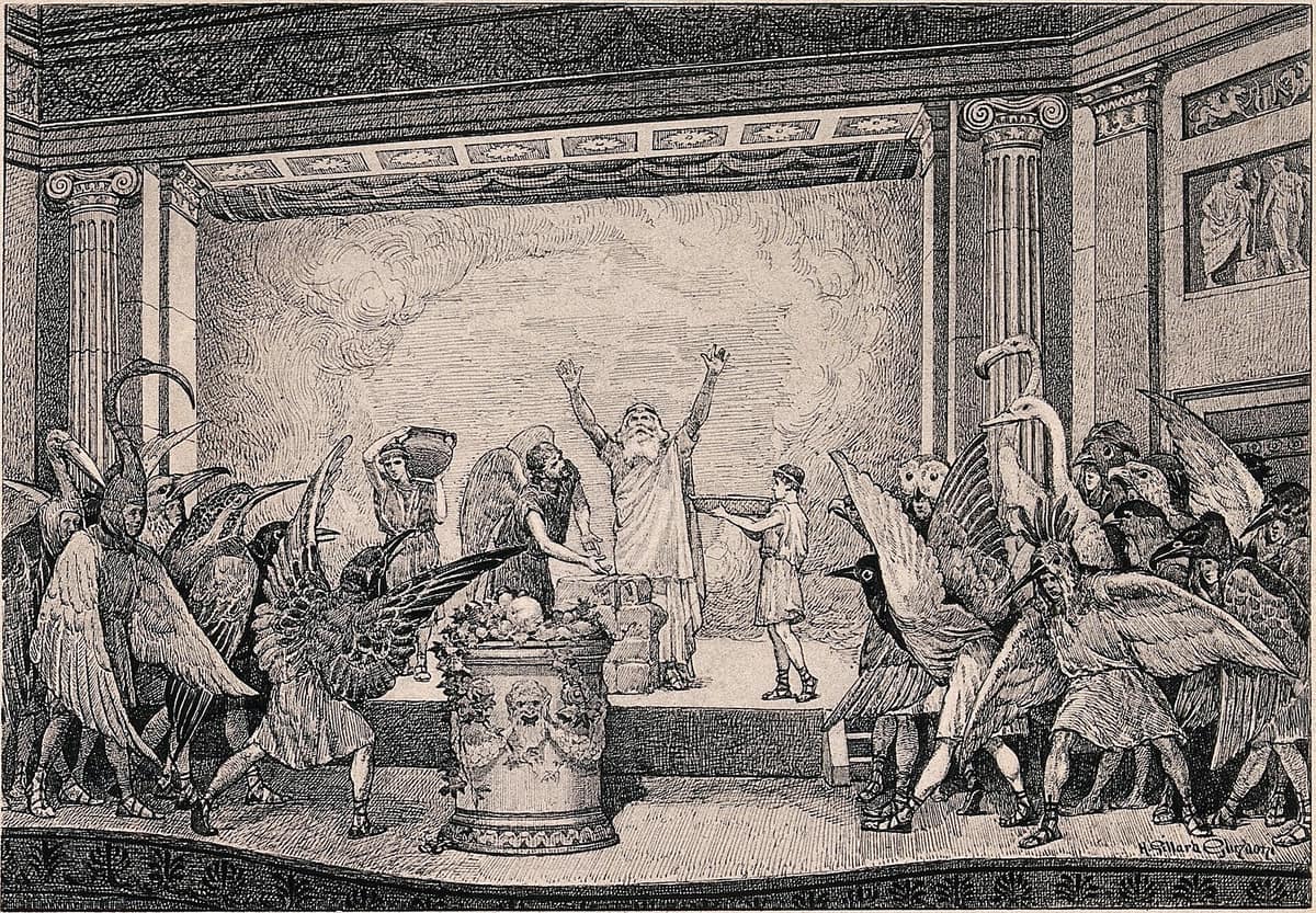 Imagen de A performance of the play Birds by Aristophanes; a man is pe Wellcome V0040121 (cropped).jpg. A performance of the play Birds by Aristophanes: a man is performing on a stage attended by a man with wings and a young boy, other people dressed in bird costume are gathered around the front o