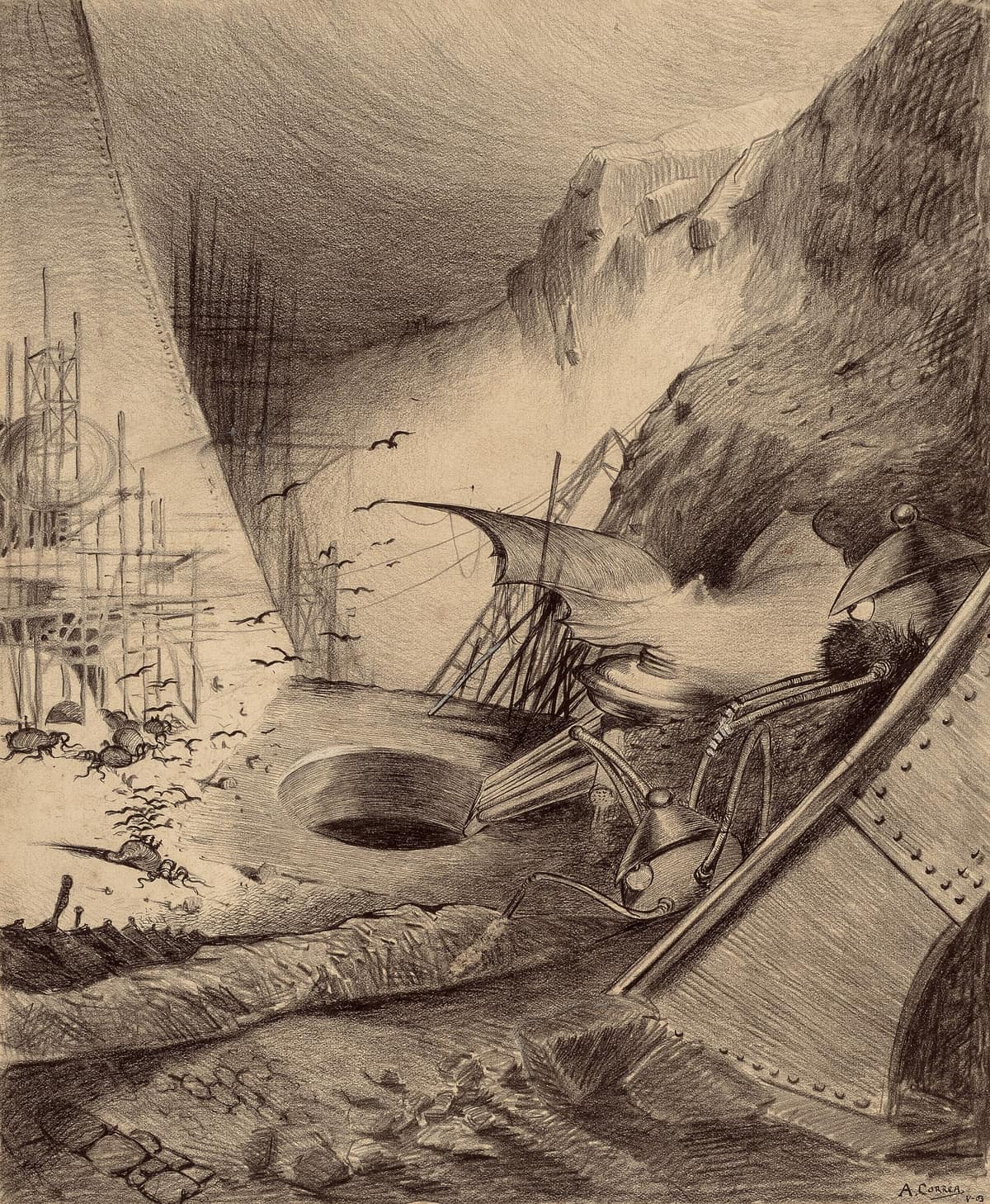 Ilustración en blanco y negro de los marcianos muertos al final de La guerra de los mundos.